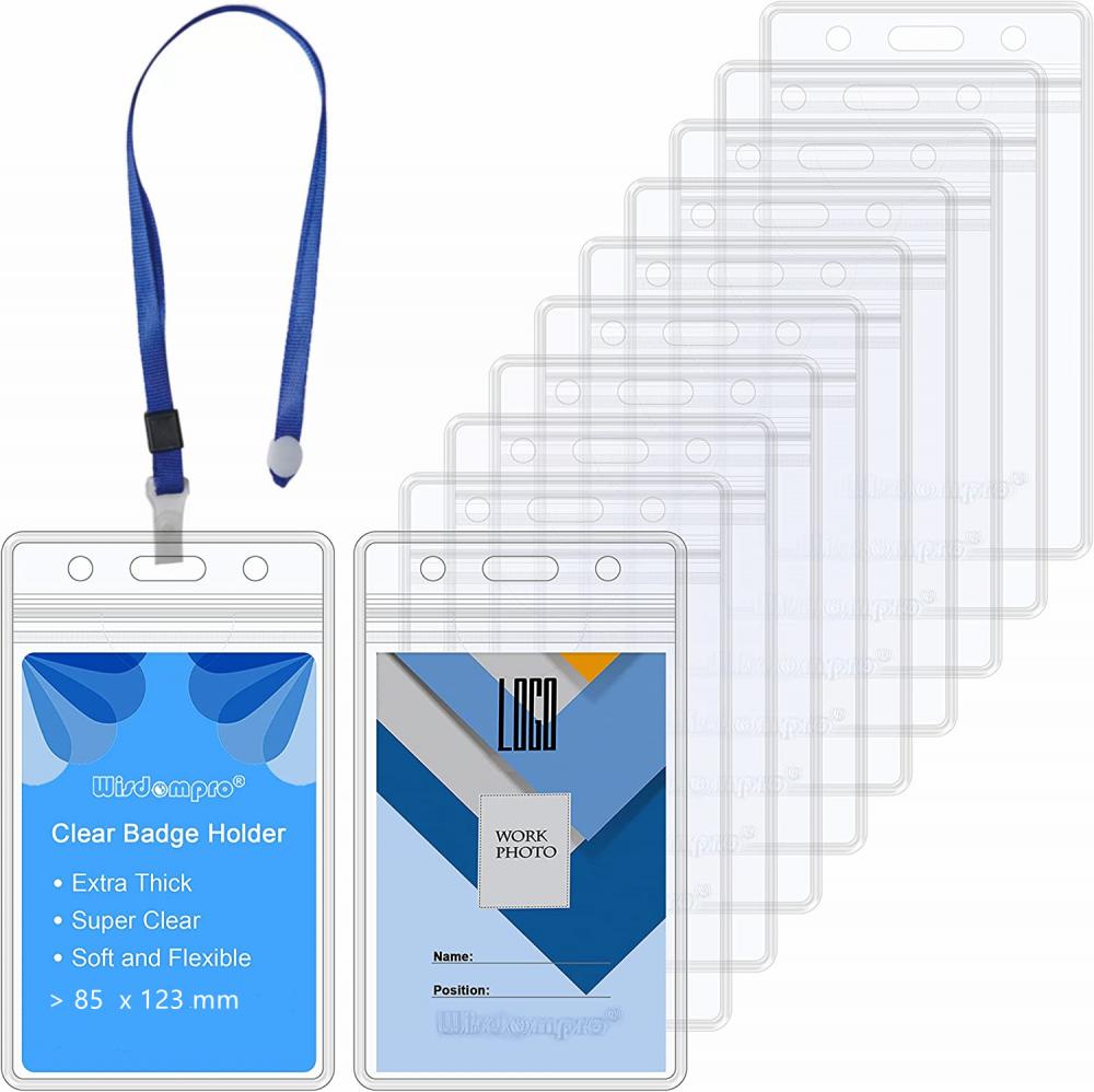 10 Pack Vertical ID Card Badge Holder with Blue Lanyards, Waterproof Clear PVC Key Card Sleeve Case Plastic Wallets with Resealable Zip